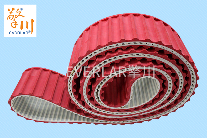 工業(yè)輸送帶廠家:紅膠開槽同步帶用于化妝品生產(chǎn)線